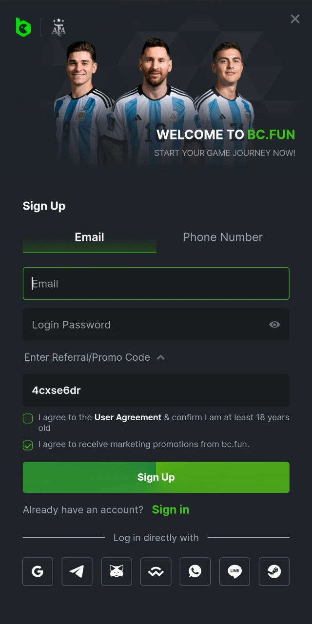Log in or create an account on BC.Game to start betting.